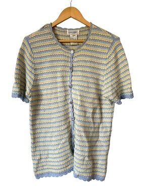 Vintage Alfred Dunner Pastel Striped Open Knit Cardigan Sweater Scalloped Trim M